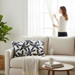 Set of TWO Navy Blue and Ivory White Coastal Nautical Starfish Pillow Covers